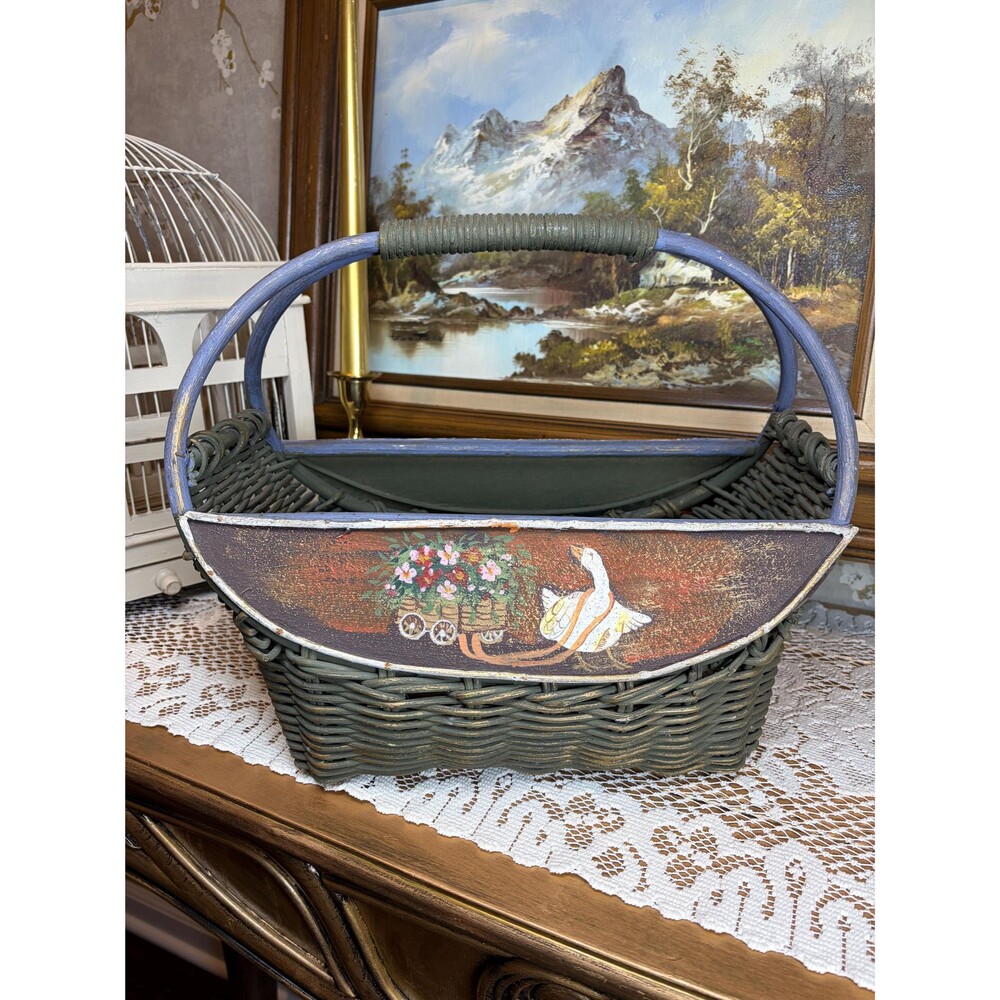 Vintage Hand Painted Goose Flower Cart Wicker Basket Country Cottagecore Decor